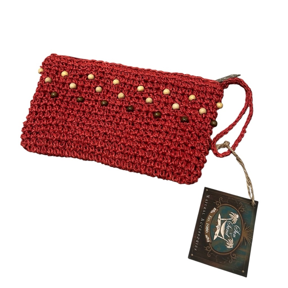 NEW Red & Brown Beaded Style Natural Design Sun N Sand Wallet Wristlet Purse Bag